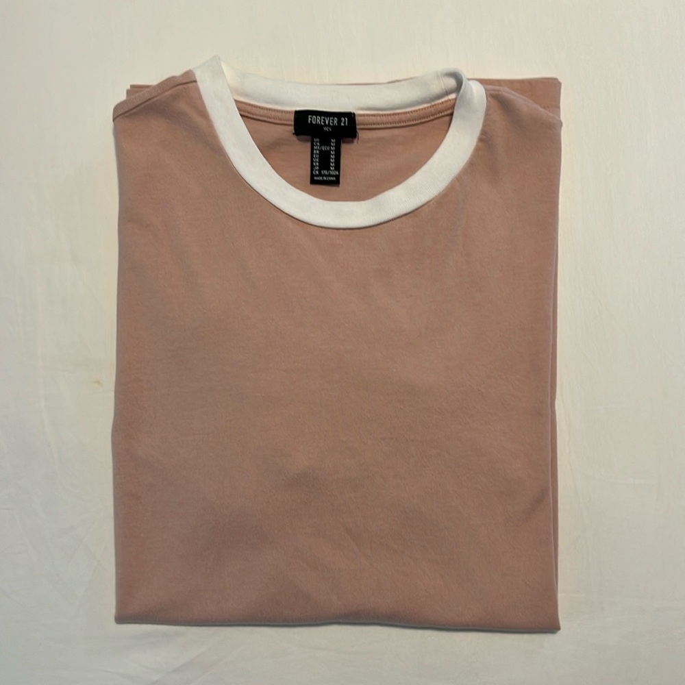 Forever 21 Men’s Short Sleeve Tee, Pink with White Trim